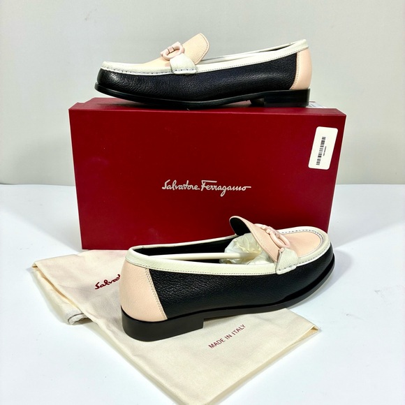 Salvatore Ferragamo Gancini Leather Colorblock Loafers 8.5 Black Pink Ivory NEW - Picture 3 of 17